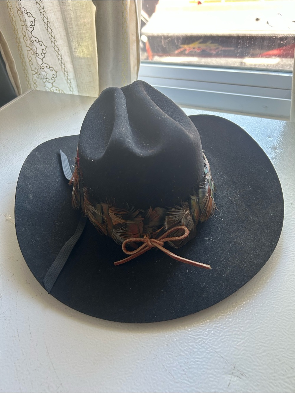 Vintage Black Western Hat with Feather Band